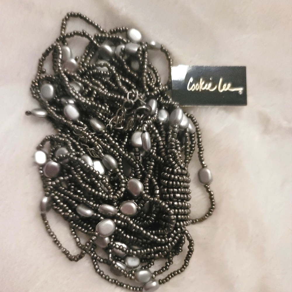 Cookie Lee long Necklace with silver beads/stones